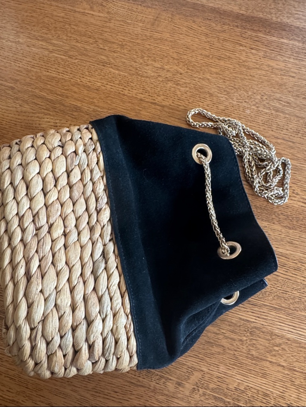 H&M Black Suede & Natural Straw Crossbody with Gold Chain